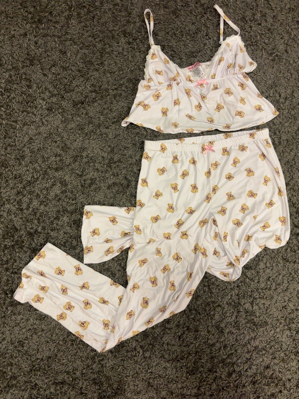 Sleep Junkie Teddy Bear Pajama Set Large Lace Trim Cami & Pants